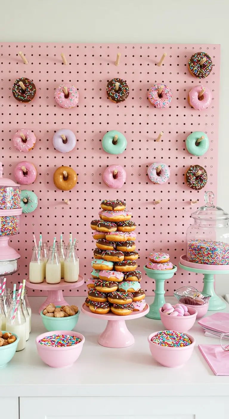Rosa Lochplatte, die als Donut-Wand dient, mit einem Turm aus Donuts davor