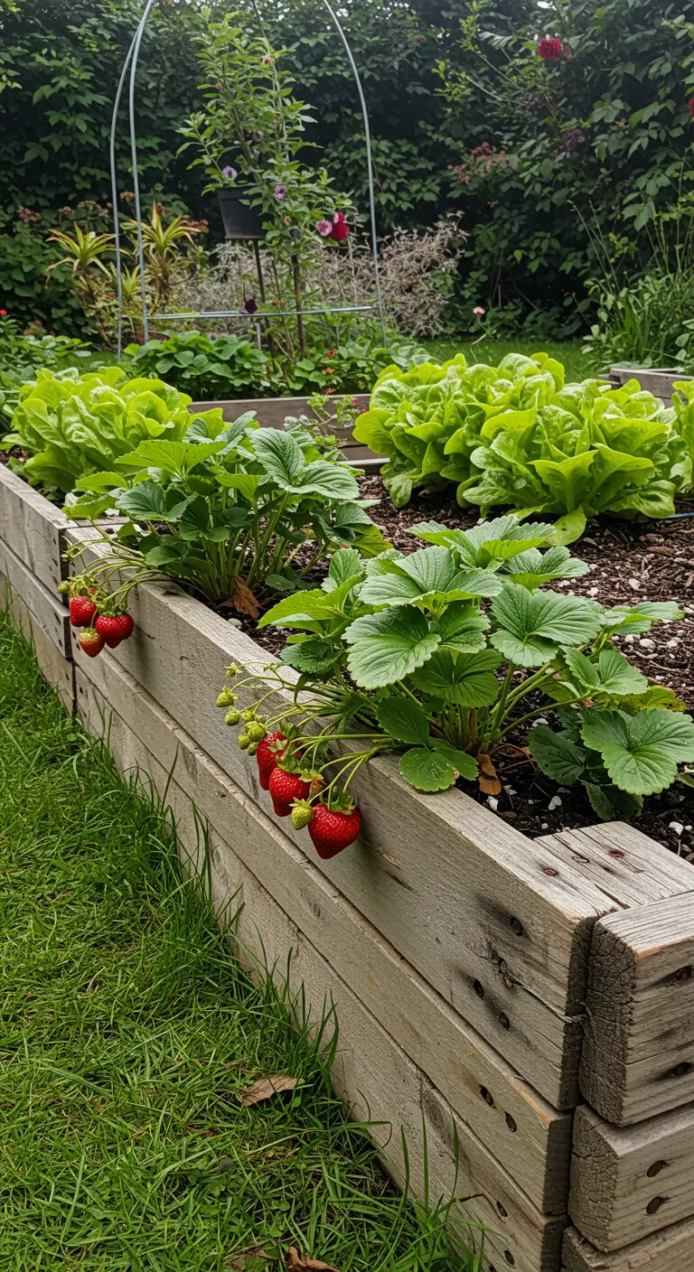 Reife Erdbeeren hängen über den Rand eines rustikalen Hochbeets aus verwittertem Holz.