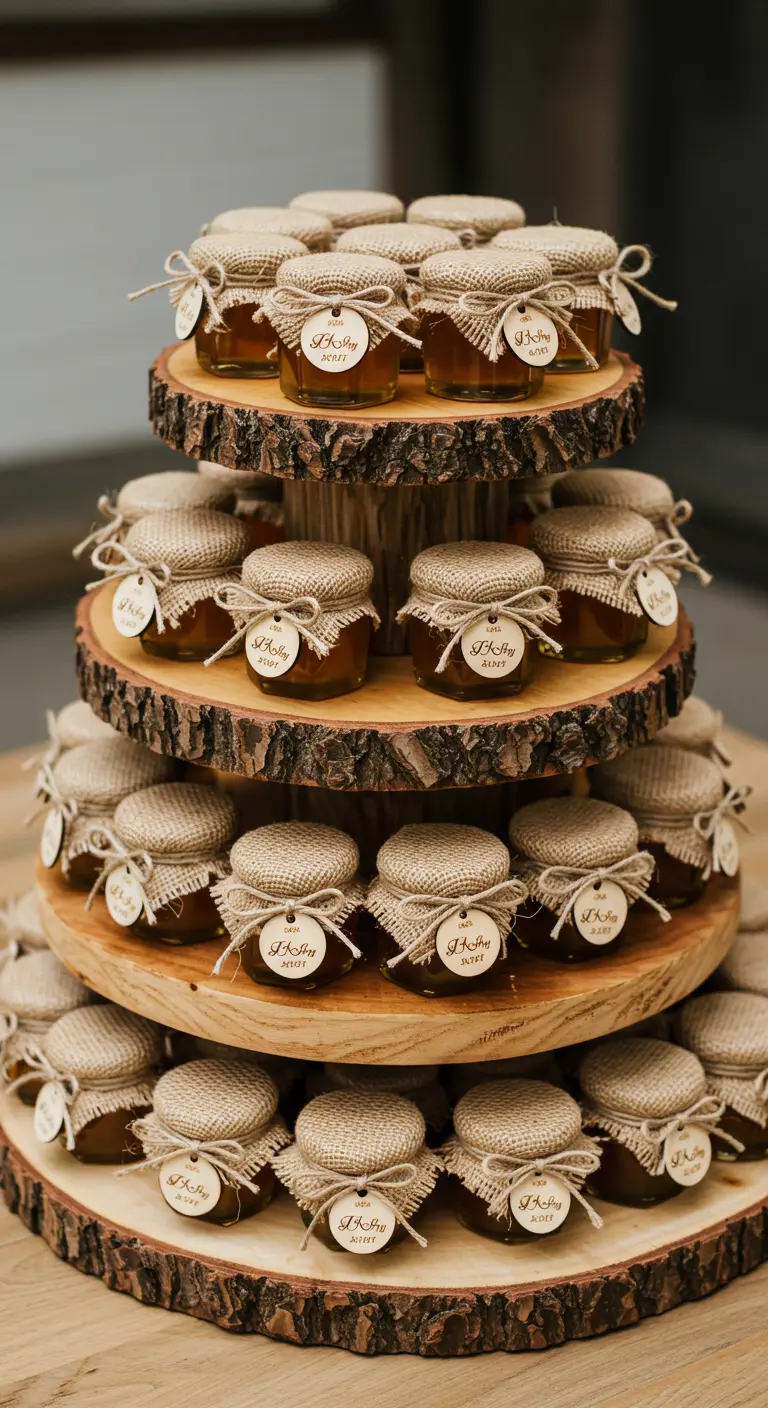 Etagere aus Holzscheiben, beladen mit kleinen Honiggläsern als Gastgeschenke.