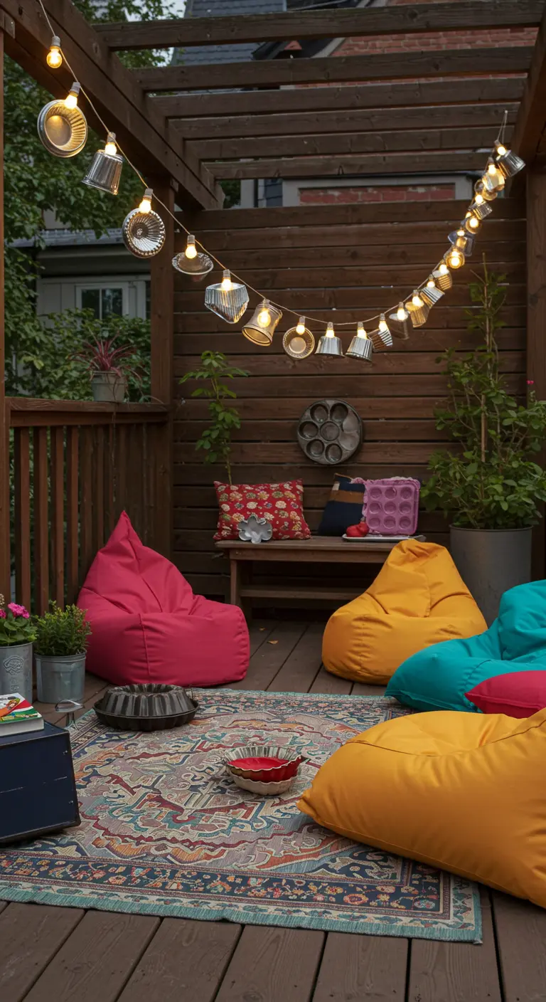 Kleine Backformen verschiedener Art als Schirme für eine Lichterkette auf einer Terrasse.