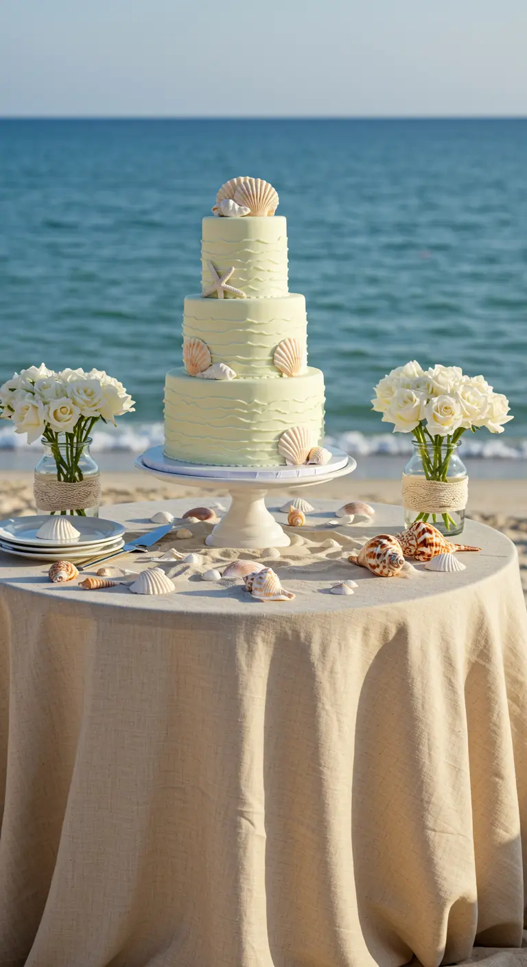 Dreistöckige Hochzeitstorte in Mintgrün, dekoriert mit echten Muscheln am Meer.
