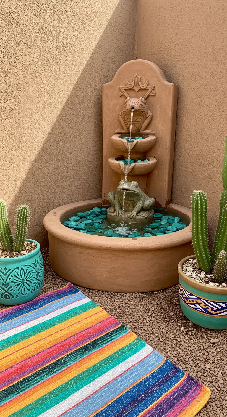 Ein Terrakotta-Froschbrunnen mit türkisfarbenen Steinen, kombiniert mit Kakteen und einem bunten Teppich.