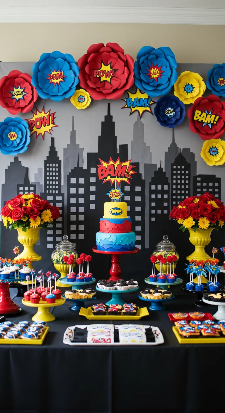 Superhelden-Partydeko mit Papierblumen in Rot, Blau, Gelb und Comic-Sprechblasen.
