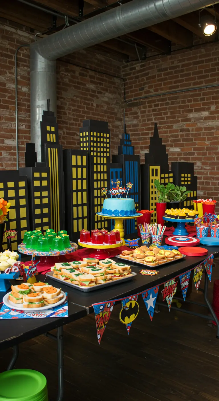 Superhelden-Buffet mit einer DIY-Skyline aus Pappe und Snacks in Rot, Gelb und Blau