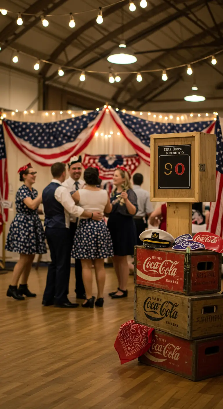 Eine 40er-Jahre-Tanzparty mit amerikanischer Flaggen-Deko und Coca-Cola-Kisten.