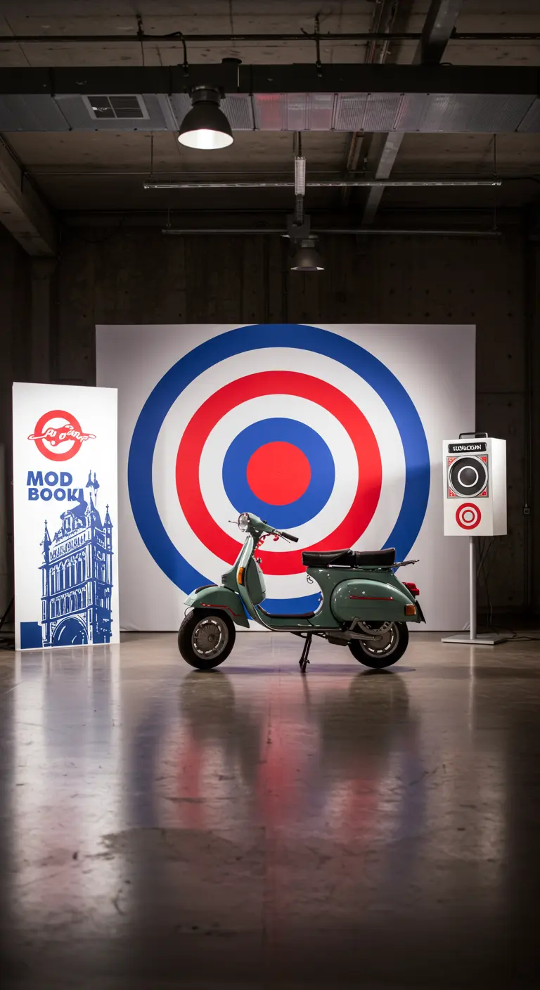 Ein Vintage-Roller vor einem großen Mod-Target-Symbol als Fotohintergrund.