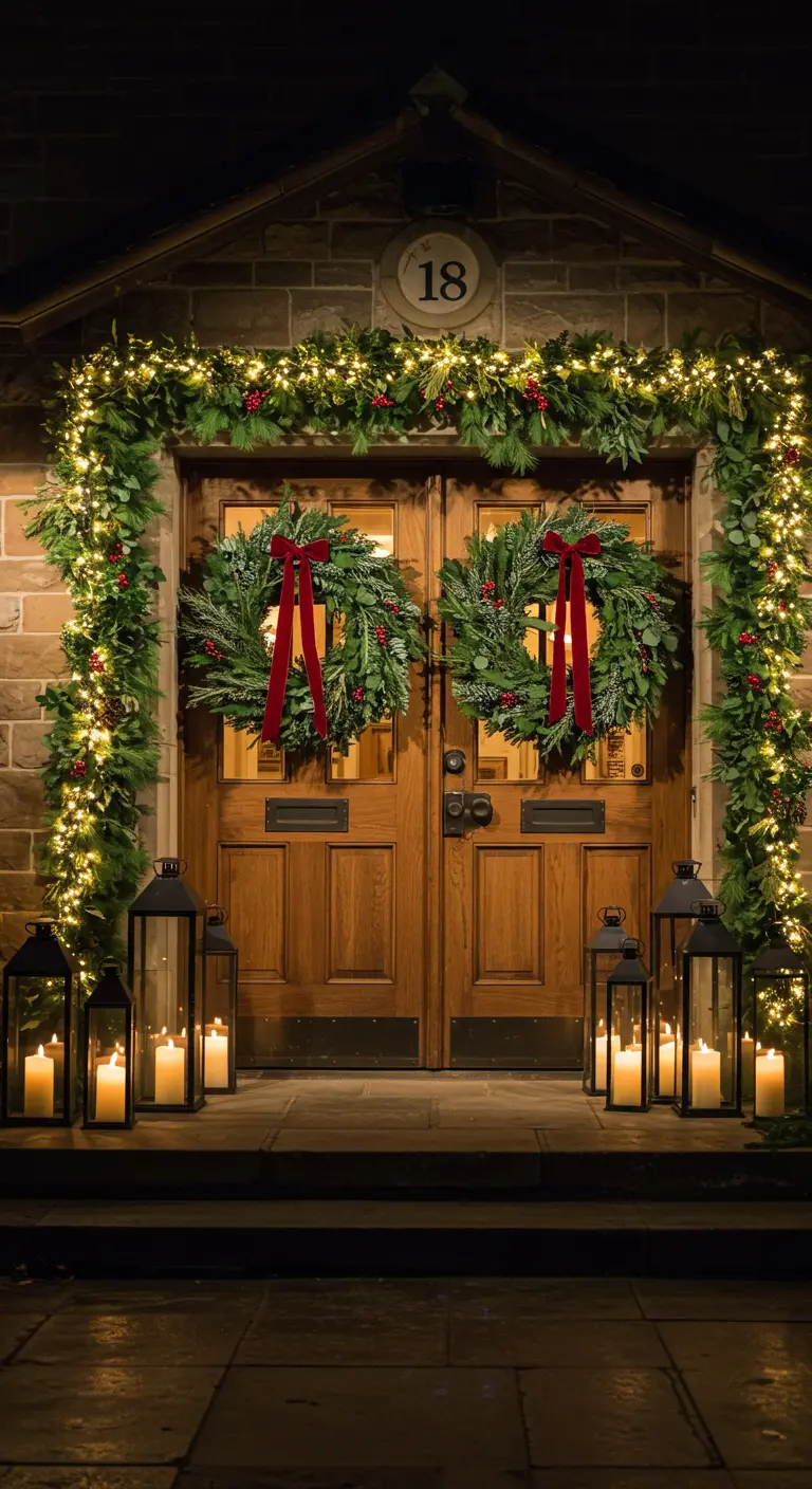 Doppeltür mit zwei Weihnachtskränzen, umrahmt von einer leuchtenden Girlande und Laternen.