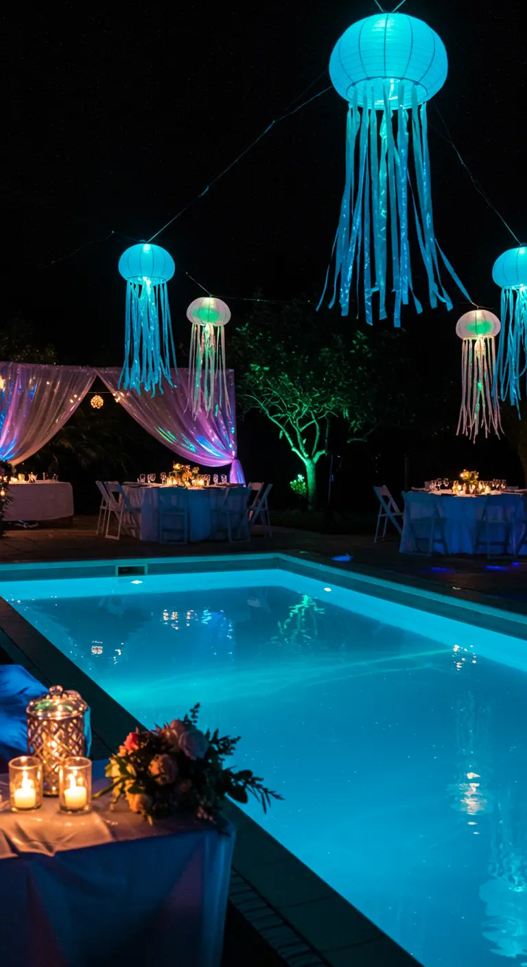 Leuchtende, quallenförmige Papierlampions hängen nachts über einem Pool.