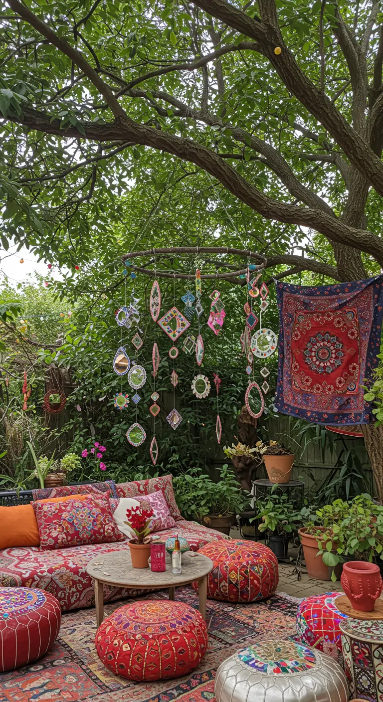 Ein hängendes Boho-Mobile aus vielen kleinen Mosaik-Anhängern über einer gemütlichen Sitzecke.