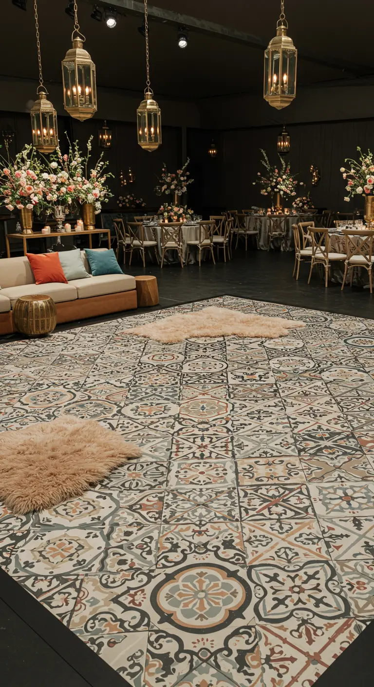 Großer Raum mit einem Boden aus orientalischen Zementfliesen, dekoriert mit Laternen.