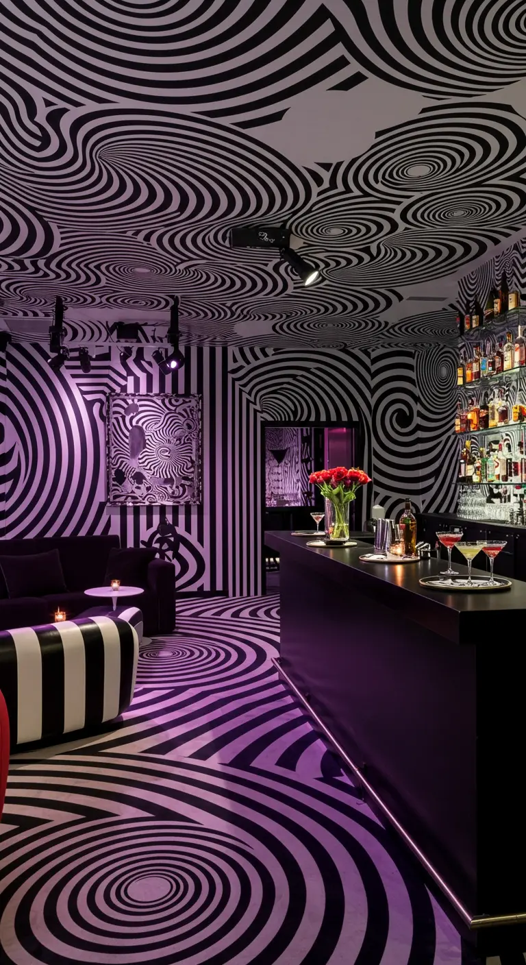 Ein ganzer Raum mit Bar, dessen Wände, Decke und Boden mit einem schwarz-weißen Wirbelmuster bedeckt sind