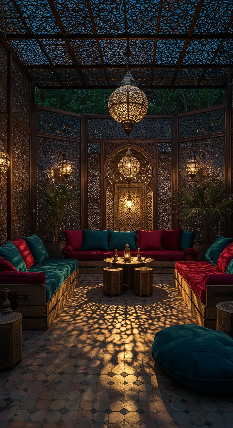 Opulente Lounge aus Weinkisten mit bunten Samtkissen in einem marokkanisch gestalteten Raum.