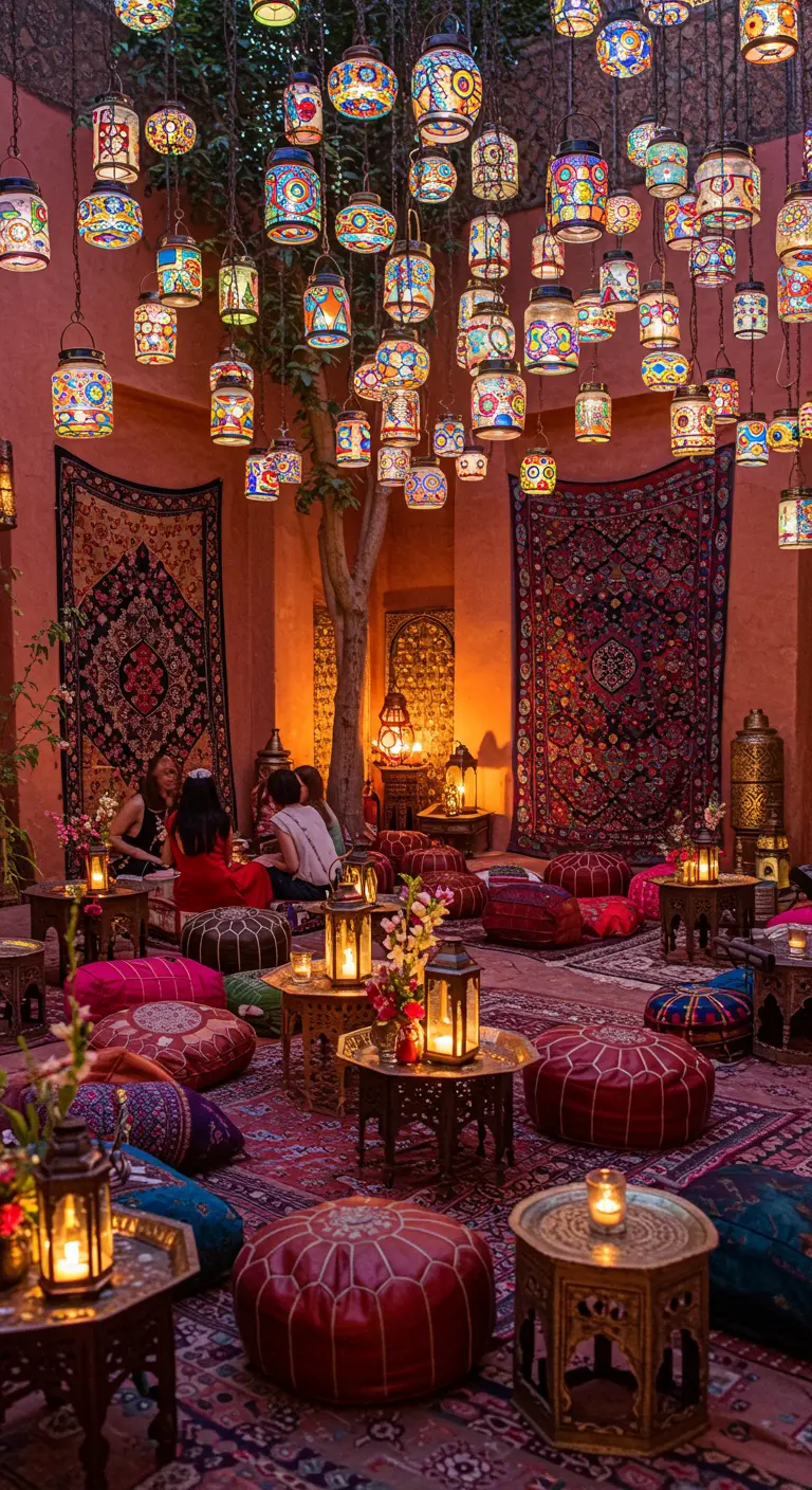 Hunderte bunte marokkanische Laternen hängen von der Decke eines orientalischen Innenhofs.
