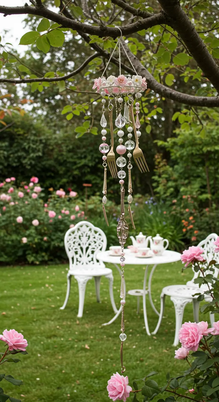 Romantisches Windspiel mit rosa Perlen und Gabeln in einem blühenden Rosengarten.