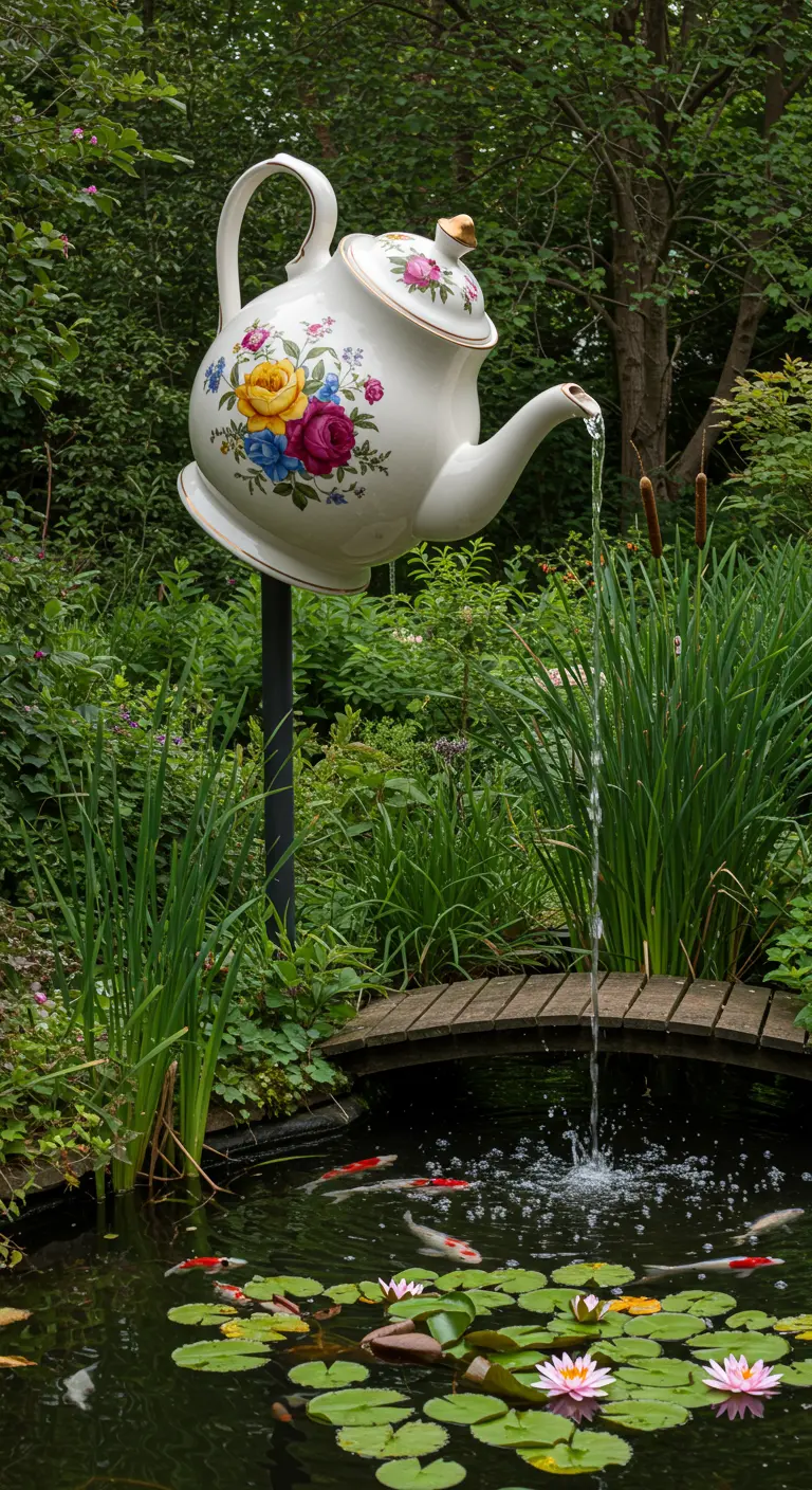 Übergroße Teekanne auf einem Pfahl gießt Wasser in einen Gartenteich mit Seerosen.