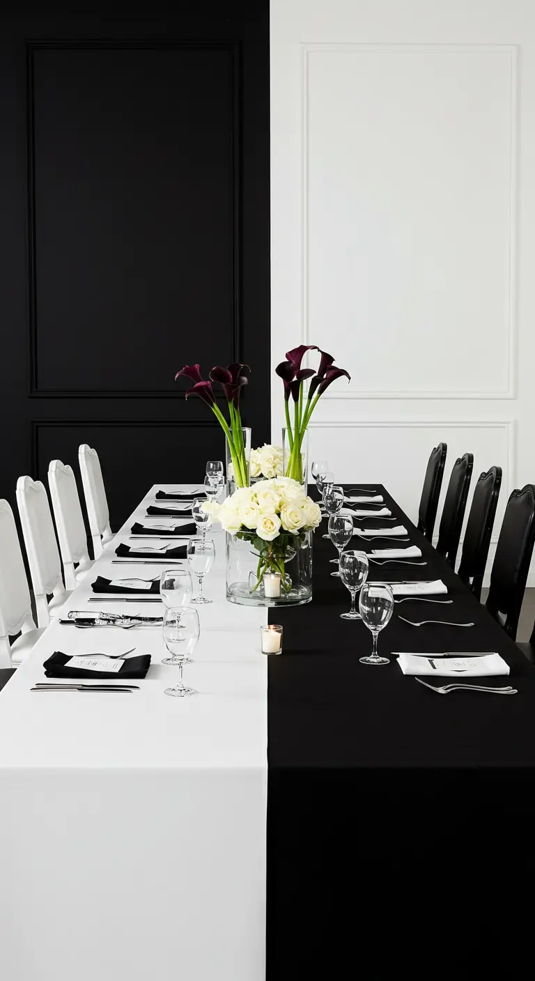 Lange Tafel, die exakt in der Mitte geteilt ist: eine Seite schwarz, die andere komplett weiß