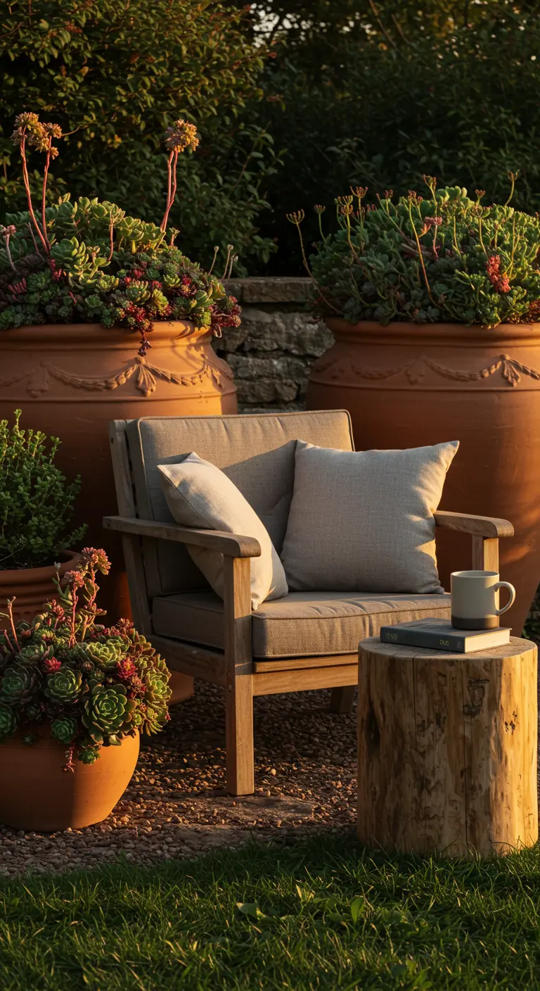 Holzsessel neben großen Terrakotta-Töpfen mit Sukkulenten in der Abendsonne.