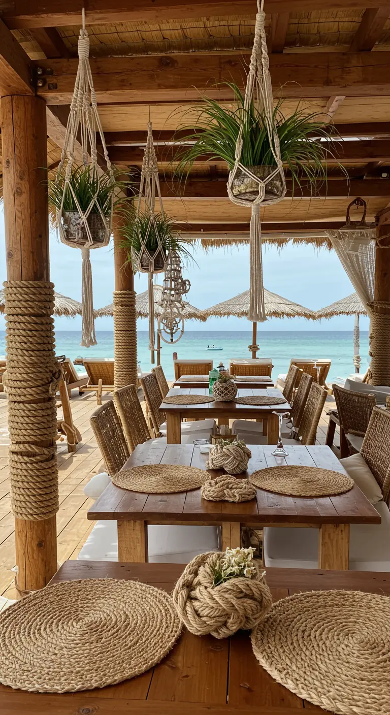 Rauer Holztisch in einer Strandbar mit gewebten Platzsets und Makramee-Pflanzenhängern.