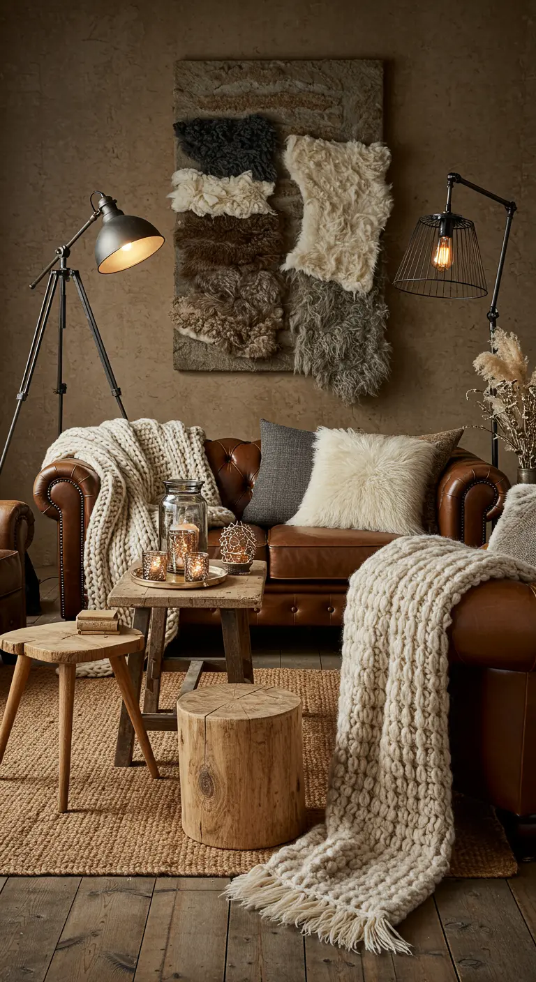 Wohnzimmer mit Ledersofa, grob gestrickten Decken und rustikalen Holzmöbeln.