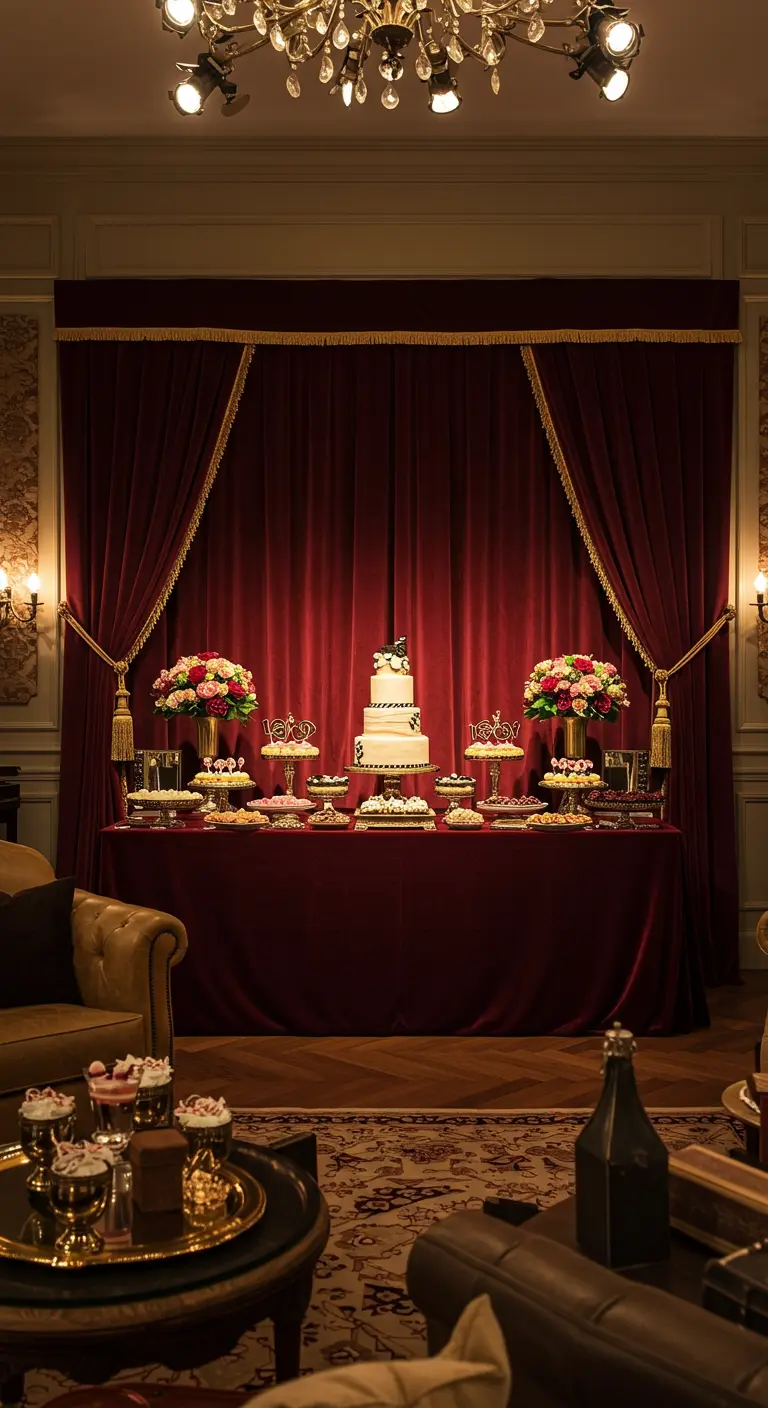Ein opulenter Desserttisch, eingerahmt von schweren, bordeauxroten Samtvorhängen mit goldenen Quasten.