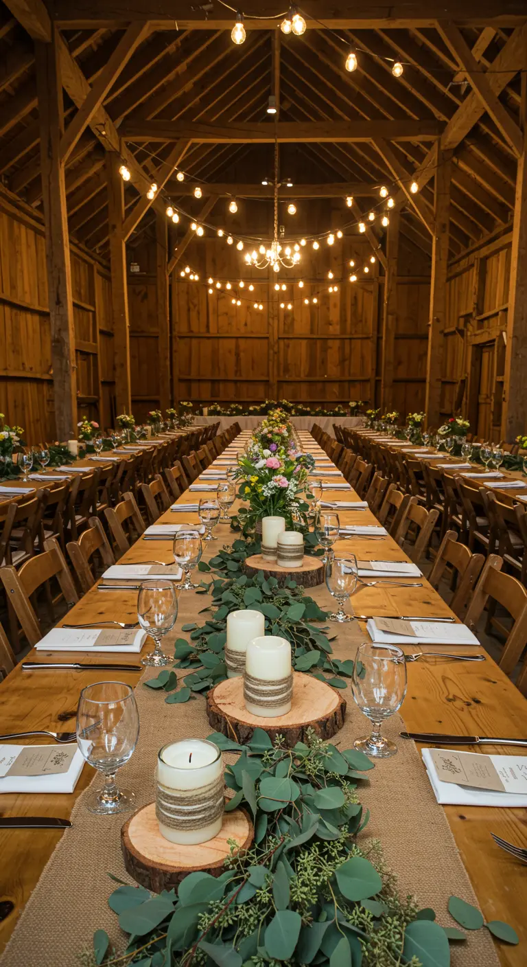 Rustikale Hochzeitstafel mit Jute-Tischläufer, Eukalyptusgirlande und Kerzen auf Holzscheiben.
