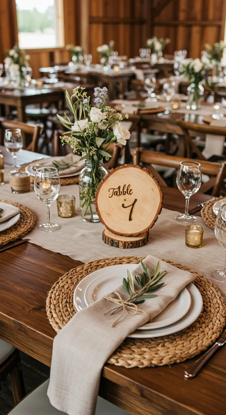 Gedeckter Tisch mit Platzset aus Seegras, Leinen-Serviette und Tischnummer auf einer Holzscheibe.