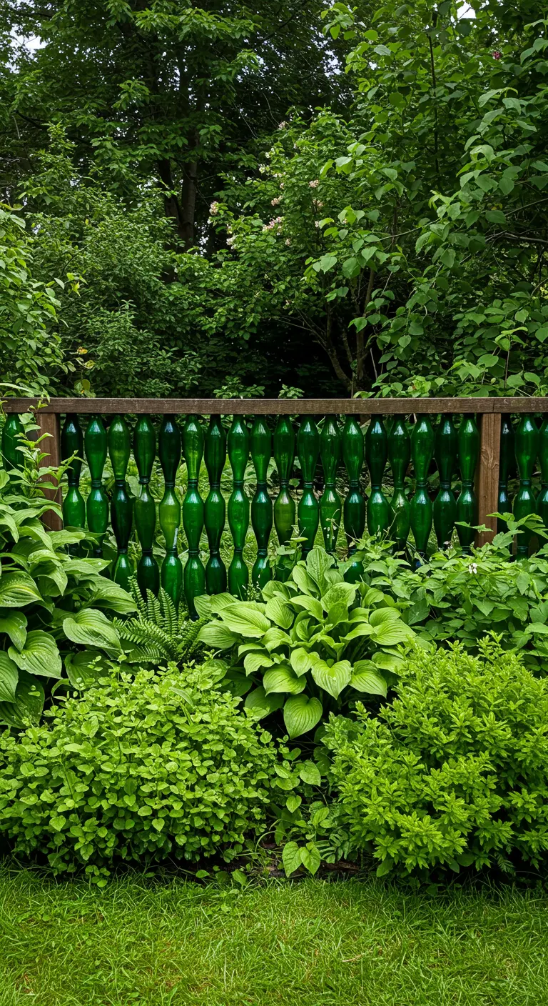 Ein Zaun aus grünen Glasflaschen, der hinter einem dichten Beet aus grünen Hostas und Farnen steht.