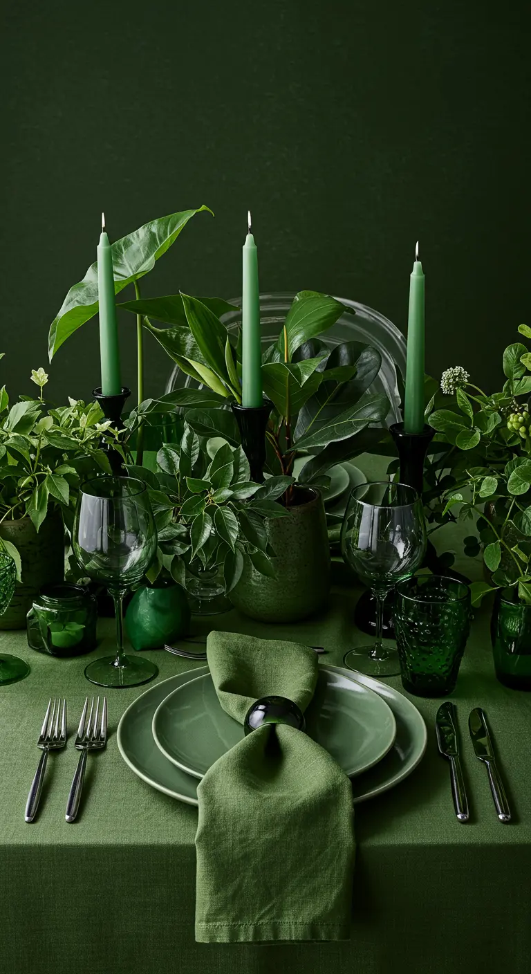 Monochromatische Tischdeko in Grüntönen mit Tellern, Gläsern, Kerzen und Pflanzen.
