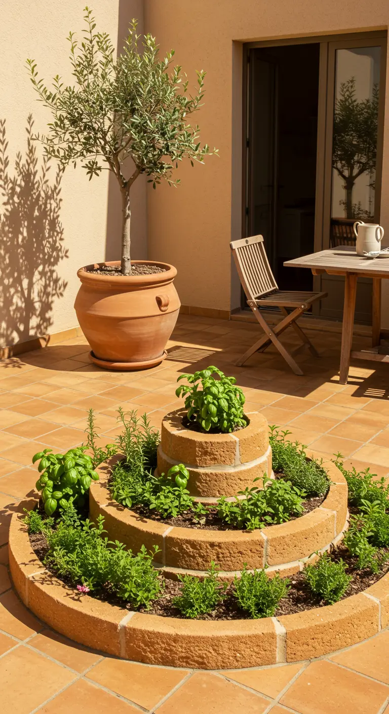 Kräuterspirale aus hellem Sandstein auf einer Terrasse mit Terrakottafliesen.