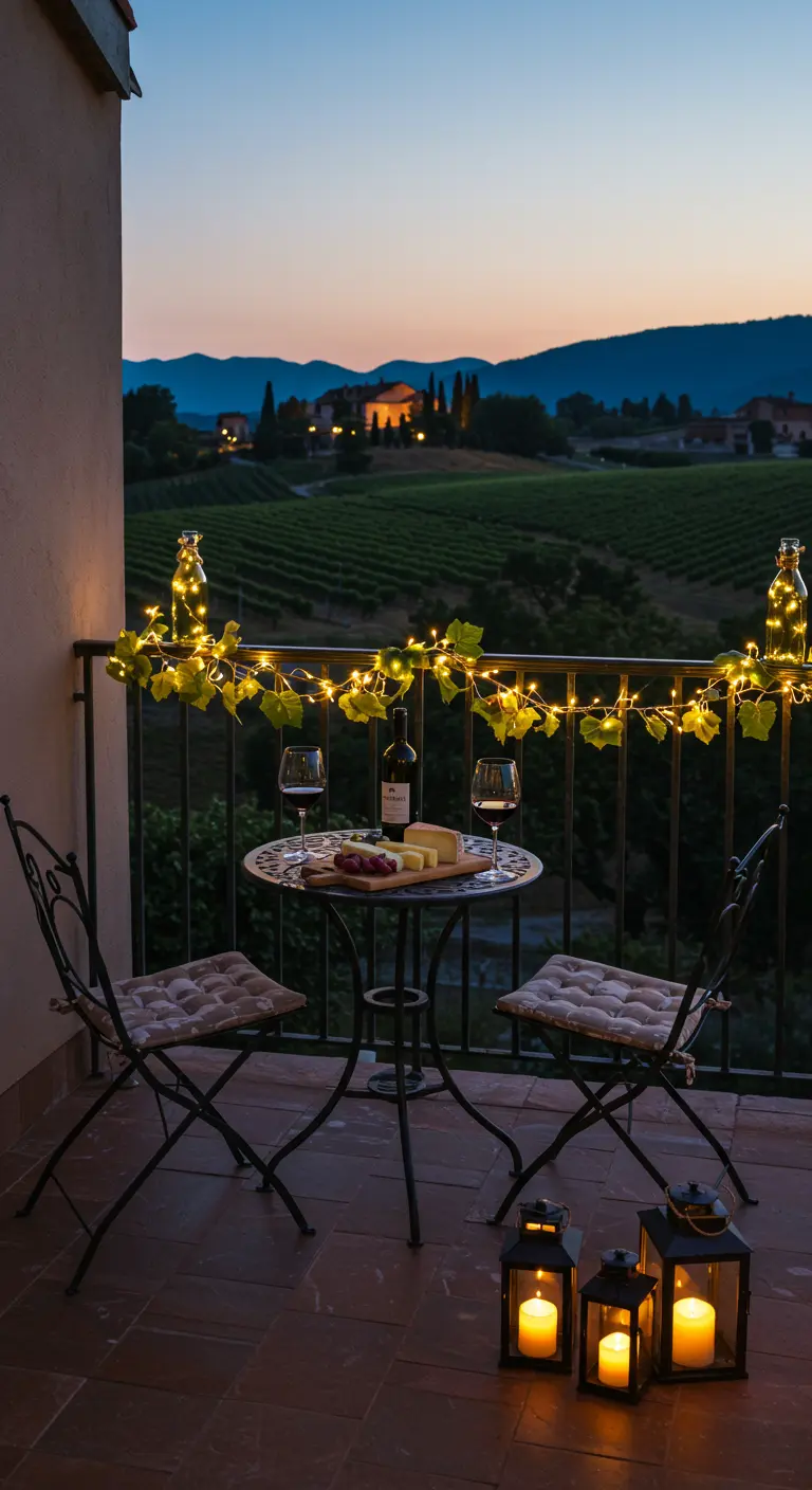 Balkon-Dinner mit Weinglas, Käseplatte und Blick auf Weinberge in der Dämmerung.