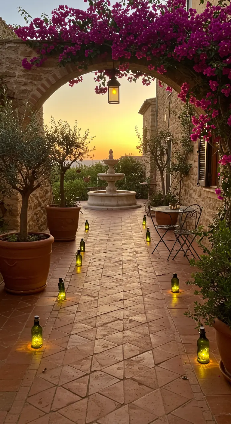Ein mediterraner Innenhof mit Terrakottafliesen, beleuchtet von kleinen Weinflaschenlichtern.