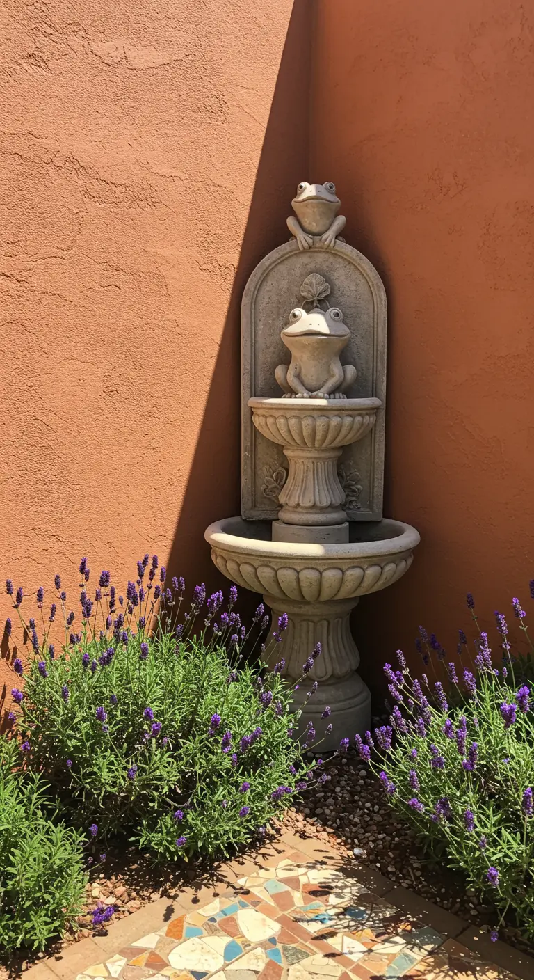 Ein klassischer Frosch-Wandbrunnen vor einer terrakottafarbenen Wand, umgeben von Lavendel.