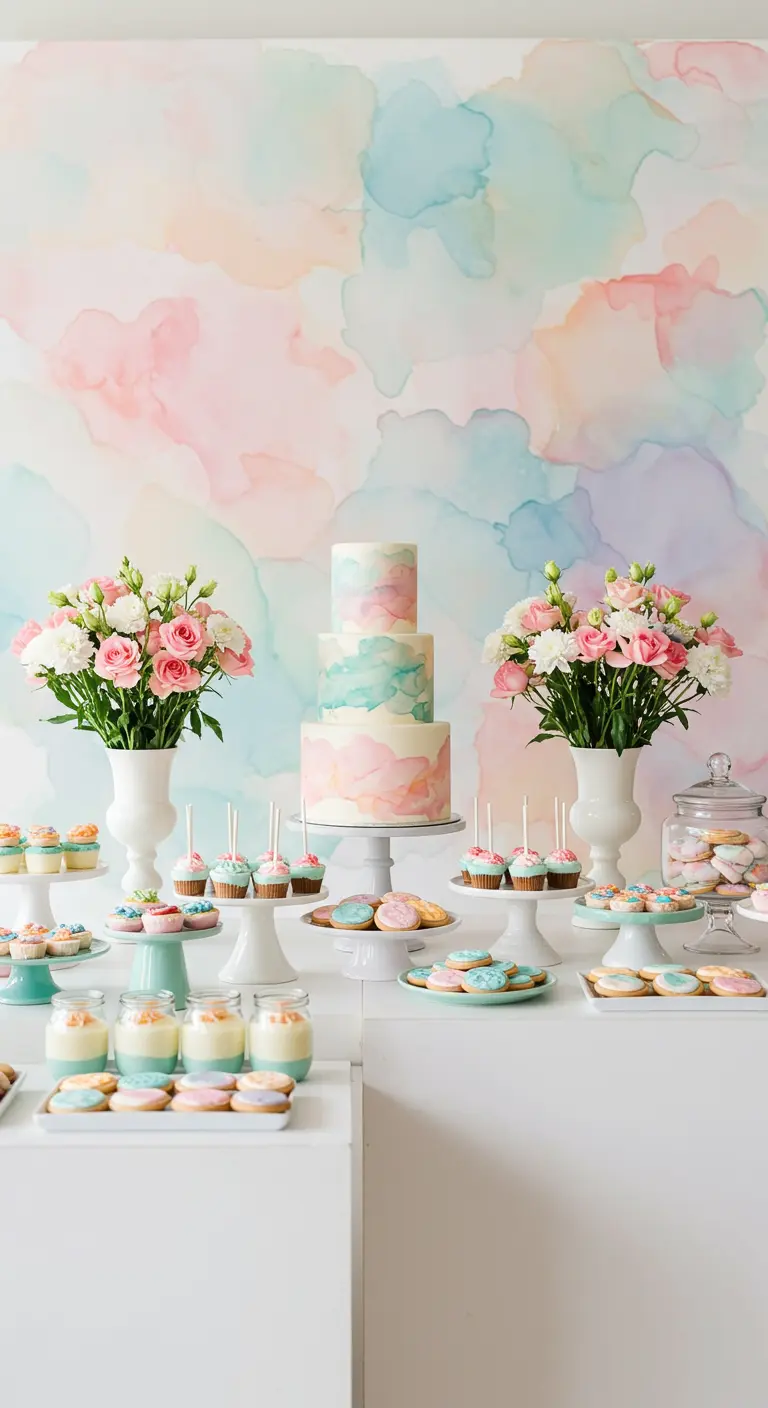Sweet Table mit einer Aquarell-Torte, die perfekt zur pastellfarbenen Aquarell-Wand dahinter passt.