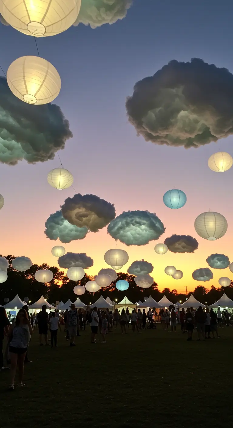 Papierlampions schweben zwischen leuchtenden, künstlichen Wolken bei Sonnenuntergang.