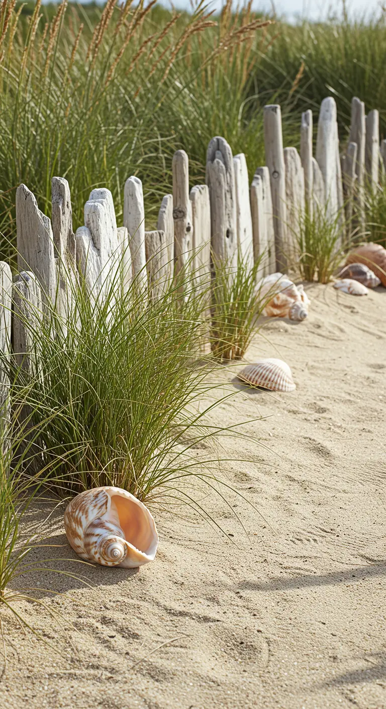 Eine Beeteinfassung aus unregelmäßigen Treibholzstücken im Sand, dekoriert mit Muscheln.