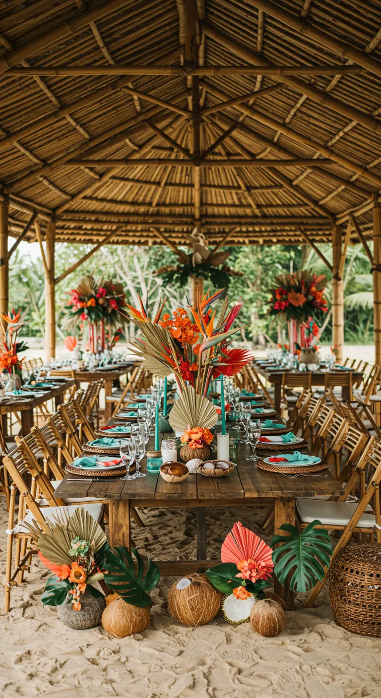 Holztisch unter einem Bambusdach, dekoriert mit tropischen Blumen und getrockneten Palmblättern