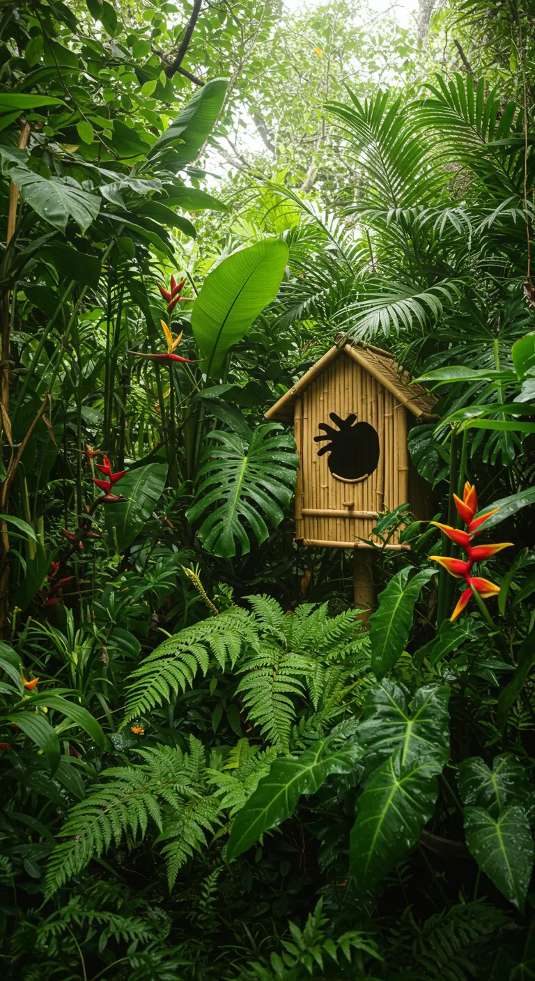 Vogelhaus aus Bambus mit einem froschförmigen Einflugloch, umgeben von dichten tropischen Pflanzen.