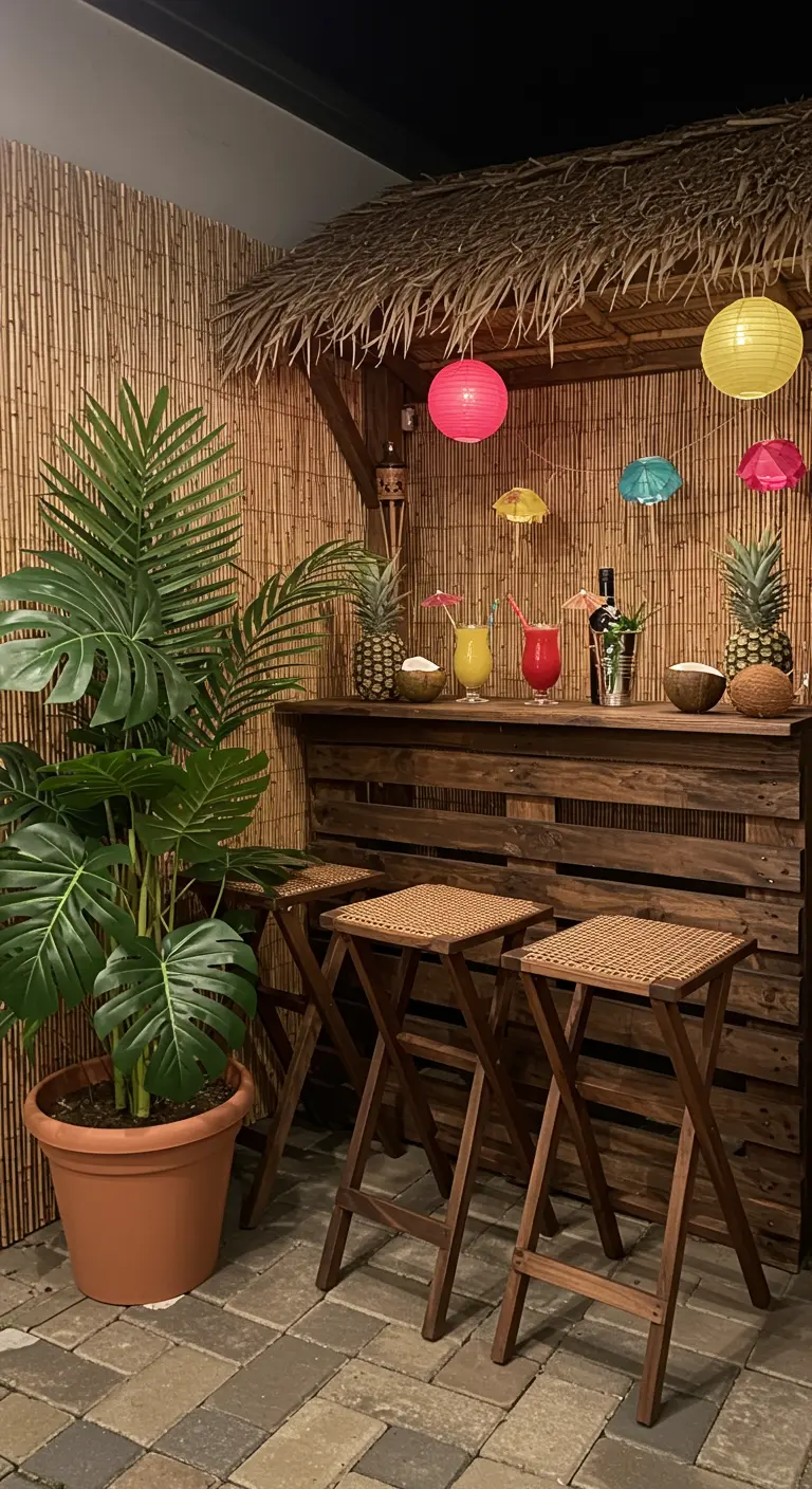 Tiki-Bar aus Paletten mit Bambuswand und bunten Lampions.