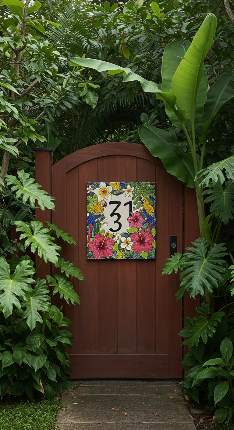 Buntes Mosaik mit Hibiskus und Papageien an einem Holztor, umgeben von tropischen Pflanzen.