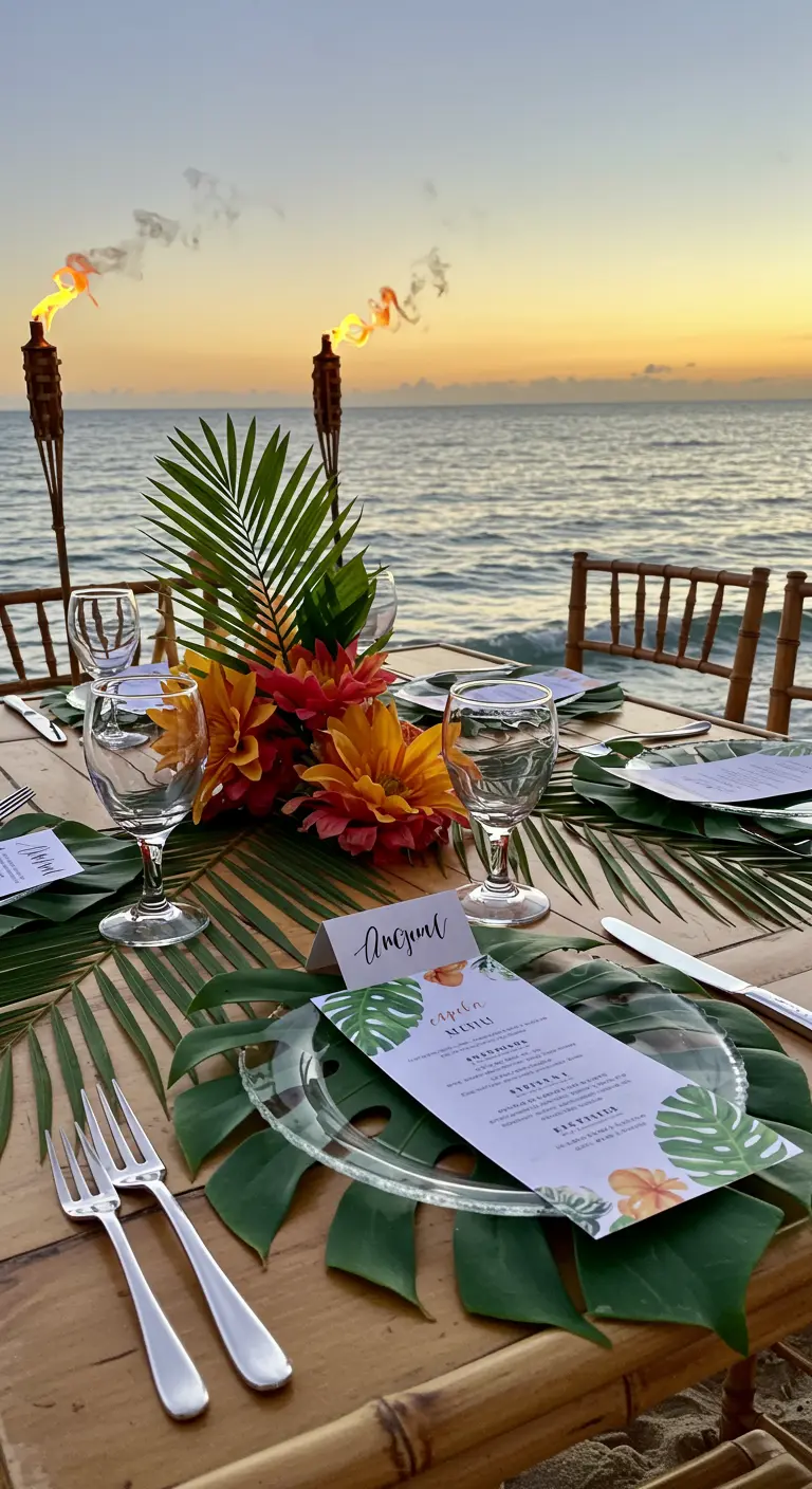 Strand-Dinner mit Bambustisch, Monstera-Blättern als Platzsets und tropischen Menükarten.