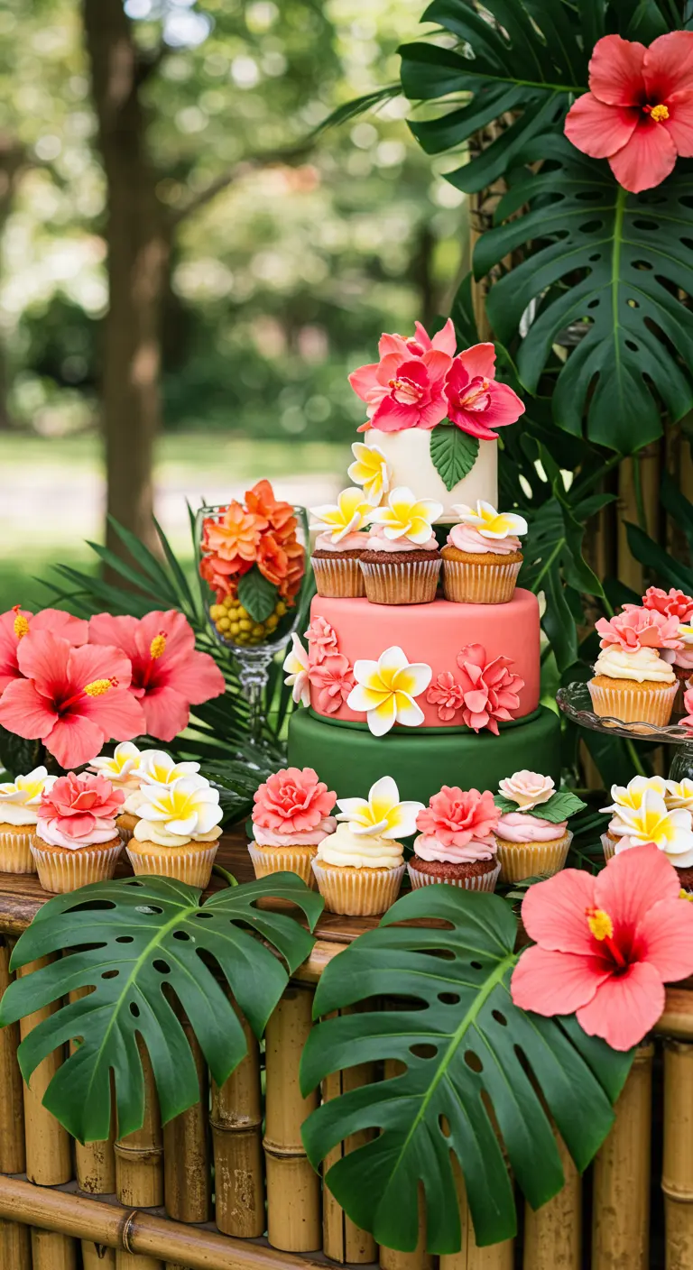 Tropischer Desserttisch mit Bambus, Monstera-Blättern, Hibiskus und exotischen Cupcakes.
