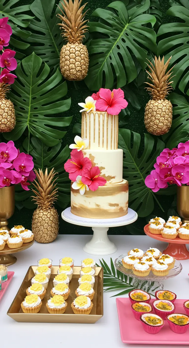 Tropische Torte mit echten Blüten vor einer Wand aus Monstera-Blättern.