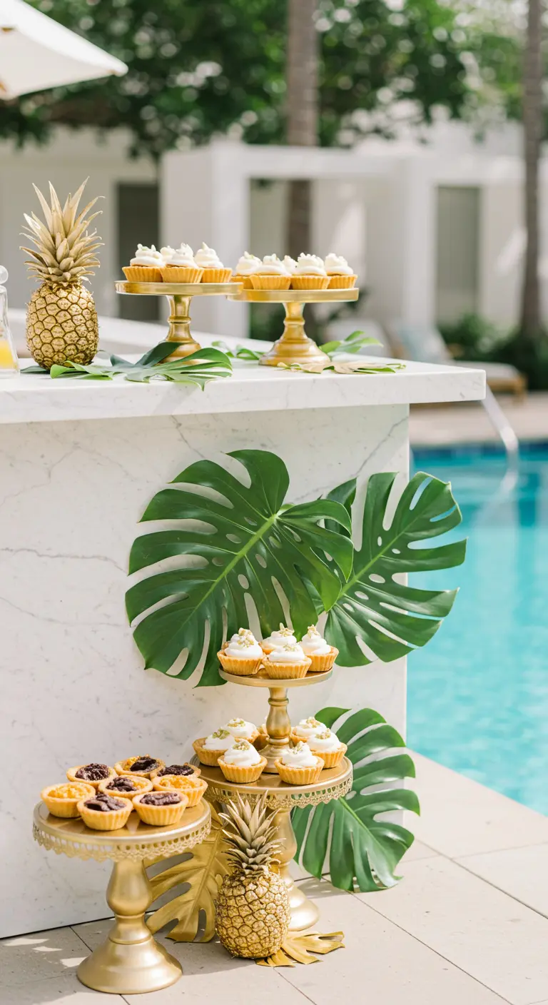 Poolside-Dessertbar mit weißem Marmor, goldenen Etageren und großen Monstera-Blättern