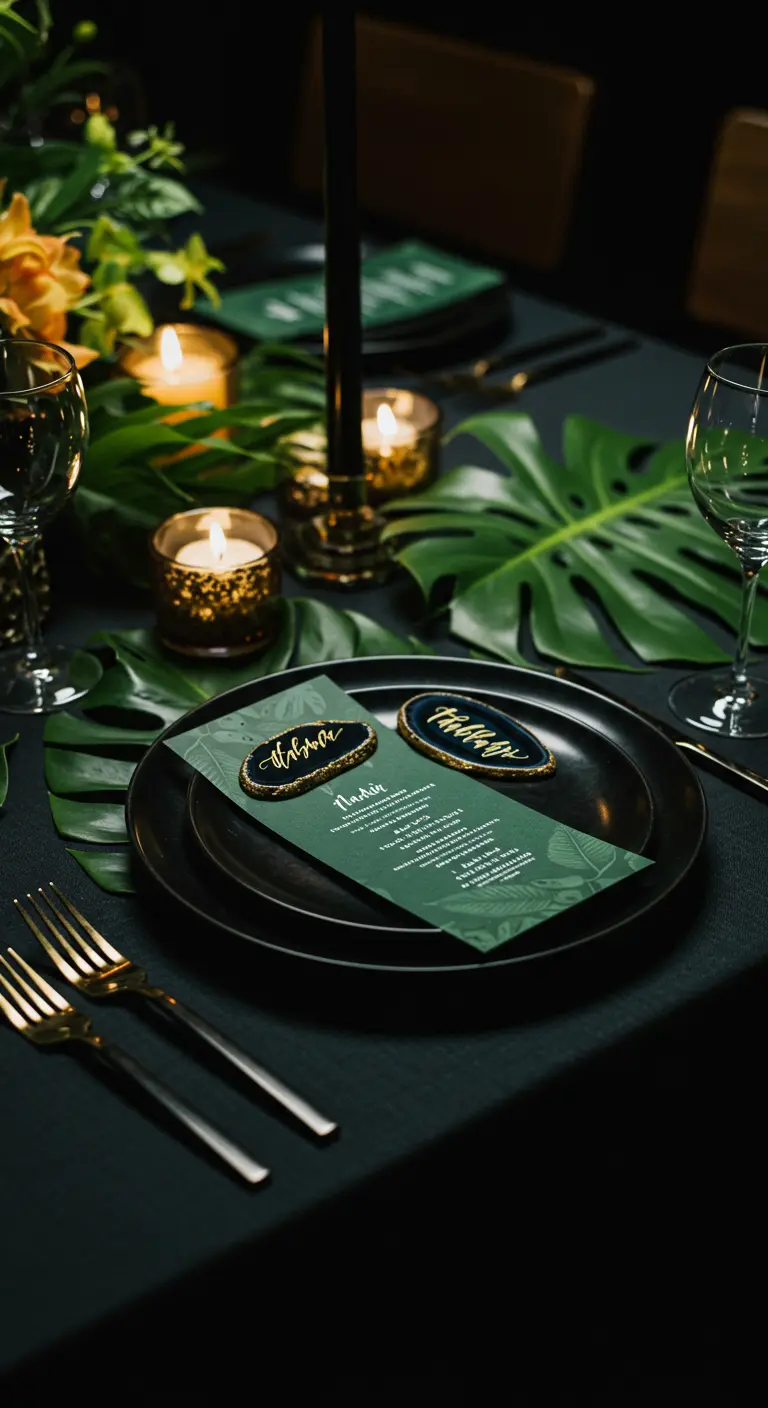 Dunkler Tisch mit Monstera-Blättern, Kerzenlicht und Platzkarten auf dunklen Steinen.