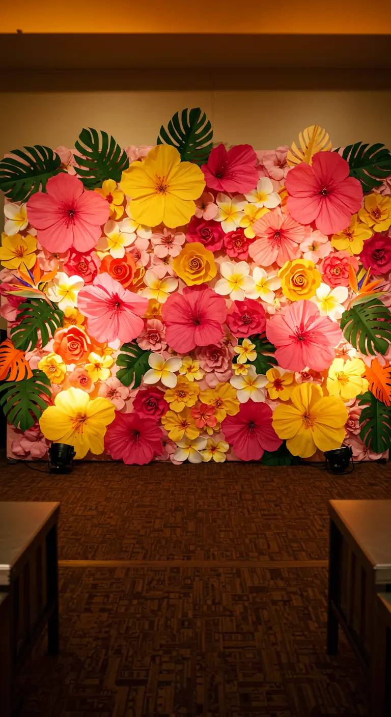 Üppige Fotowand aus tropischen Papierblumen und Palmblättern in Pink, Gelb und Orange.