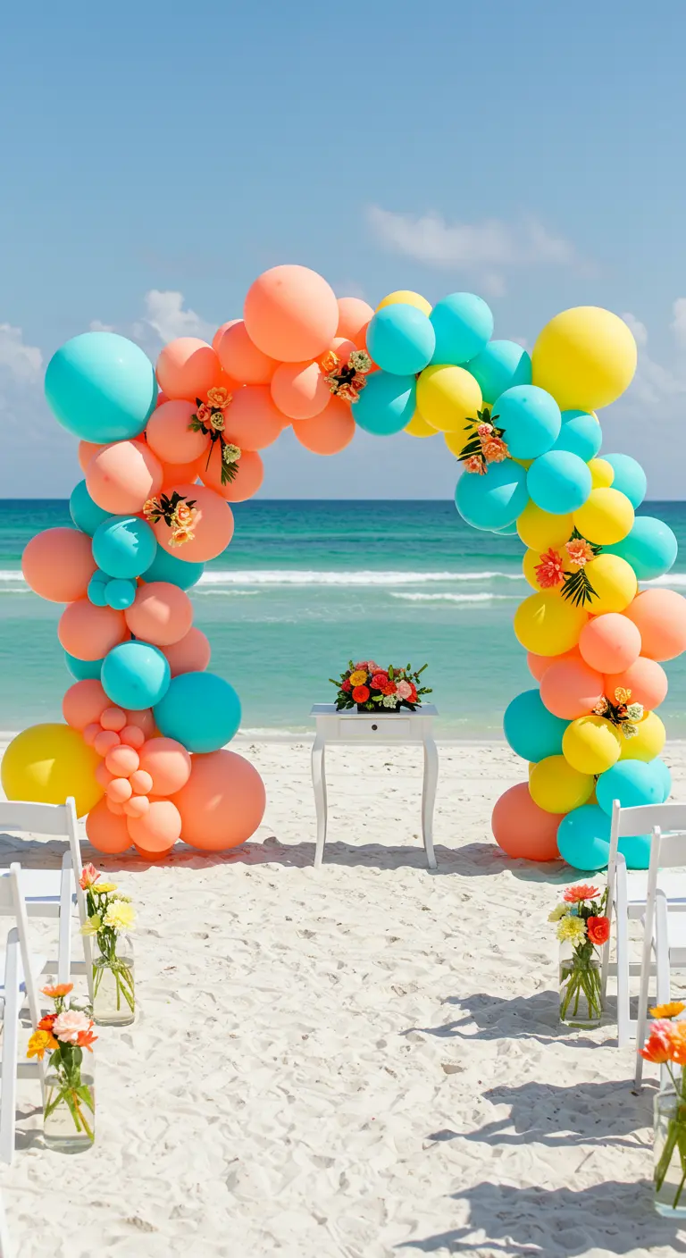 Farbenfroher Ballonbogen in Koralle, Türkis und Gelb für eine Strandhochzeit
