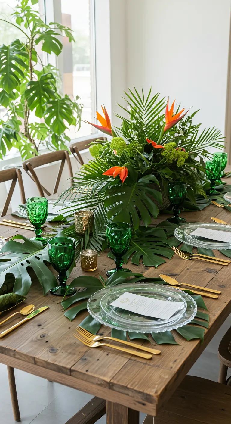 Tischdeko mit Monstera-Blättern als Platzsets, grünen Gläsern und Goldbesteck.