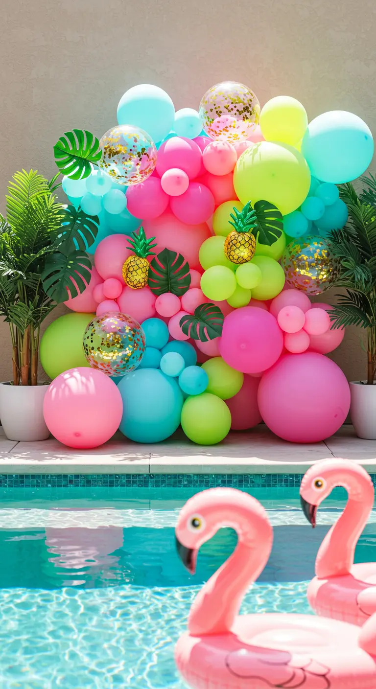 Bunte tropische Ballongirlande mit Ananas-Deko am Rand eines Pools