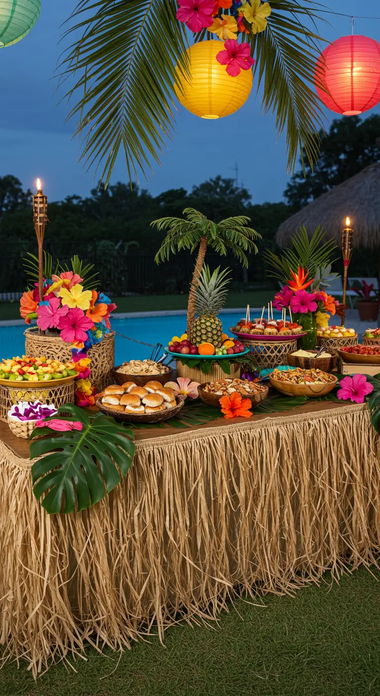 Tropisches Hawaii-Buffet am Pool mit Bast-Tischrock, Lampions und Palmwedeln