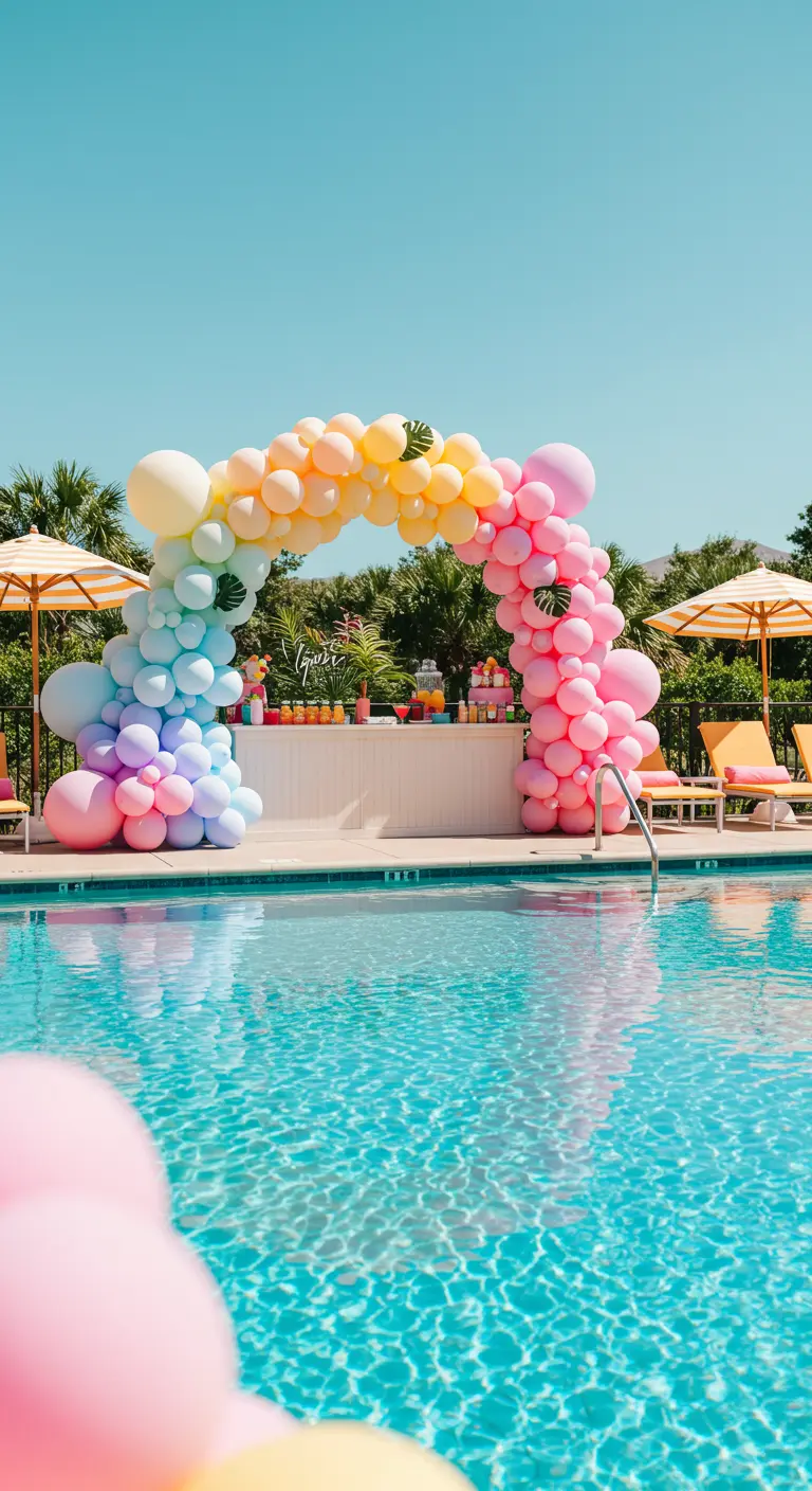 Lebhafter Regenbogen-Ballonbogen über einer Bar an einem sonnigen Pool.